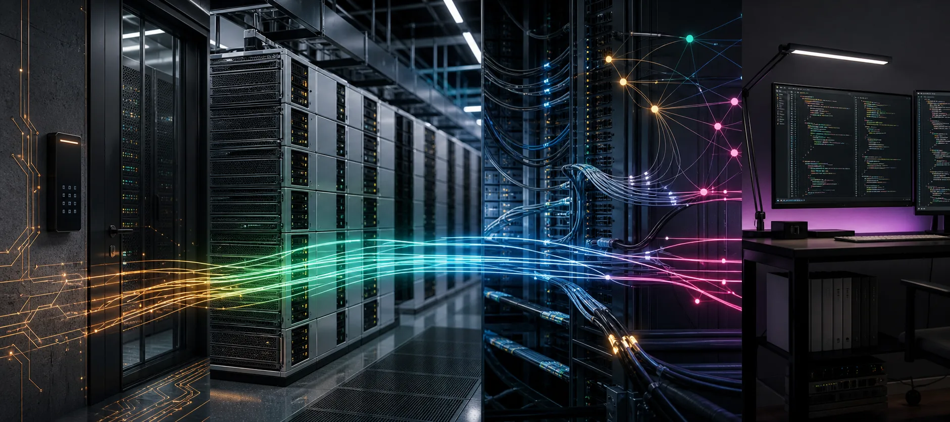 Panorama técnico con acceso seguro, infraestructura de servidores, conexiones de red y una estación de desarrollo de software