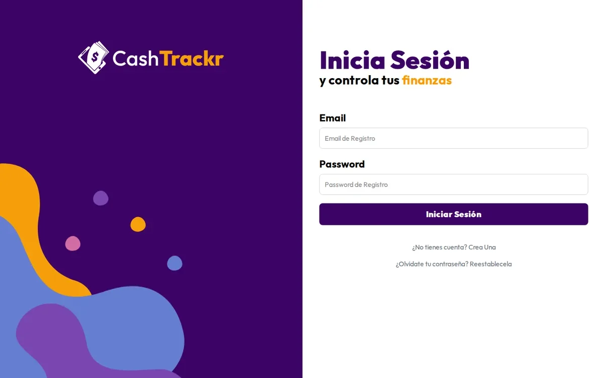 Pantalla de inicio de sesión de CashTrackr