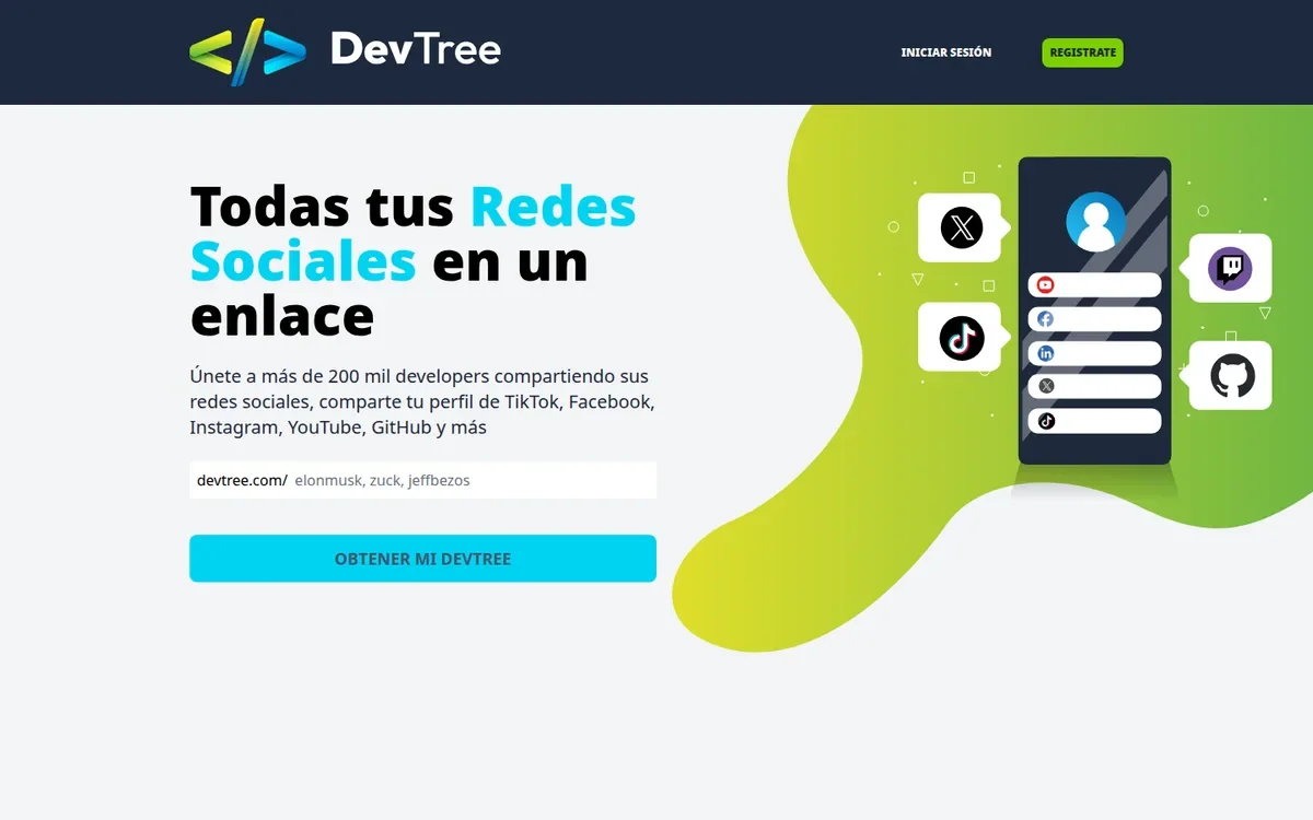 Página pública de presentación de DevTree