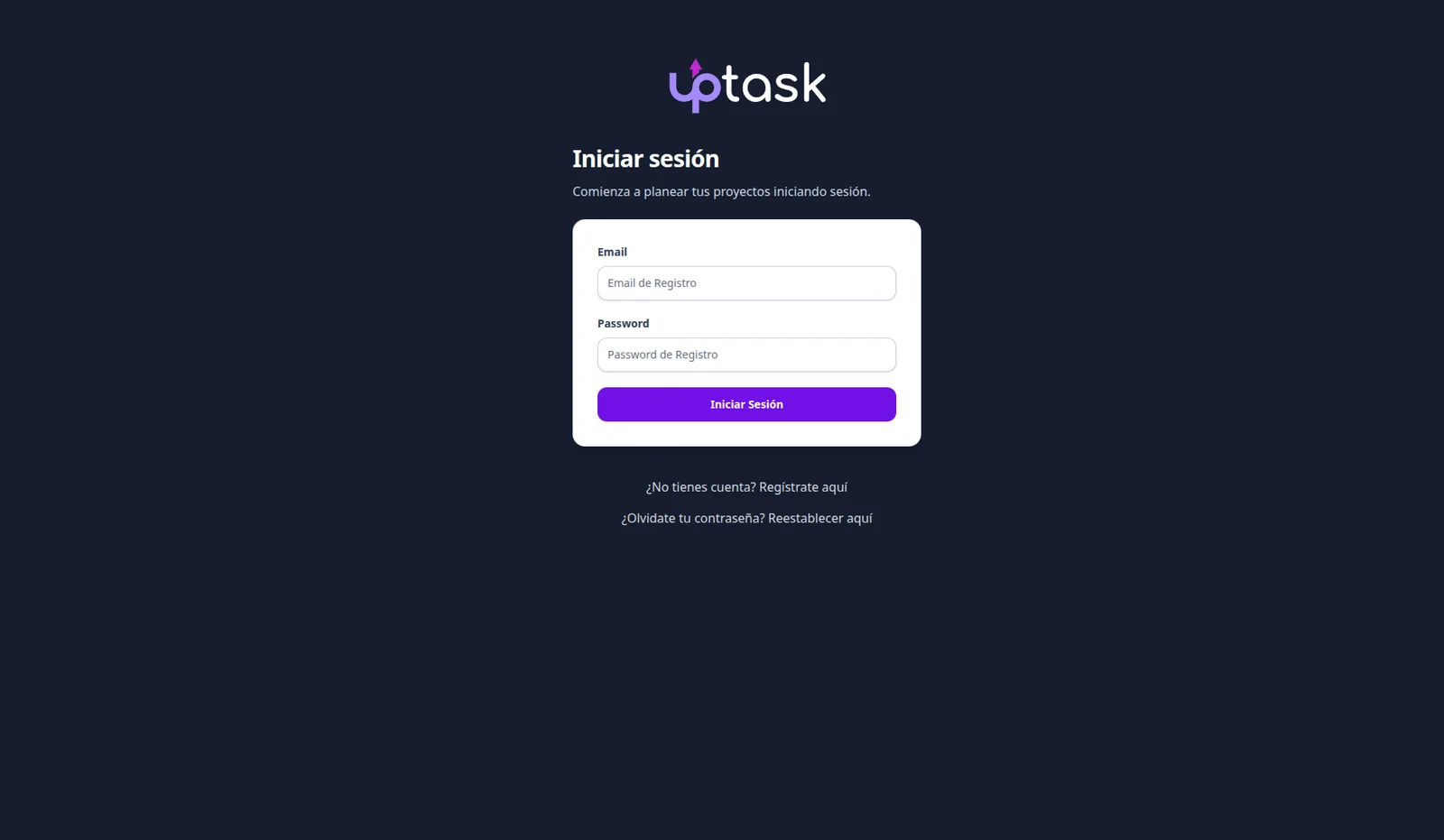 Pantalla de inicio de sesión de UpTask